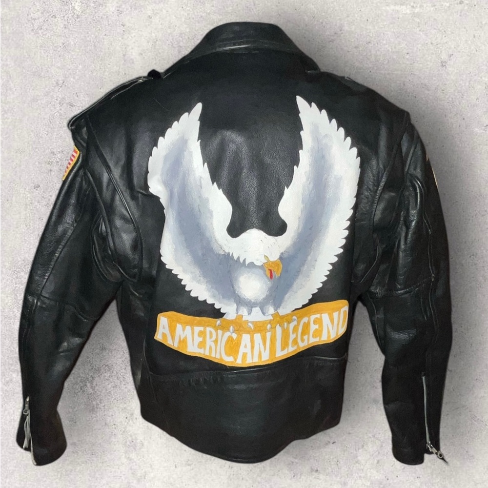 Vanguard American Legend Black Leather Jacket with Hand Painted Eagle
